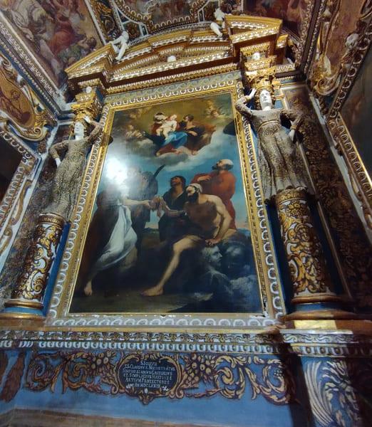 Pasqualino Rossi, de maagd Maria, jezus en de heilige Jozef en martelaren. Zijkapel in San Benedetto kerk in Fabriano
